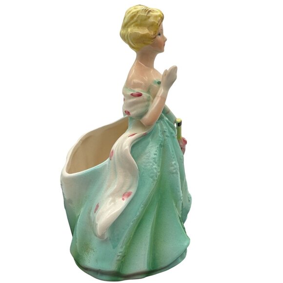 Vtg Rubens Blonde Lady Planter Figurine 583 Green Dress Pink Parasol USA Ceramic - Picture 5 of 11